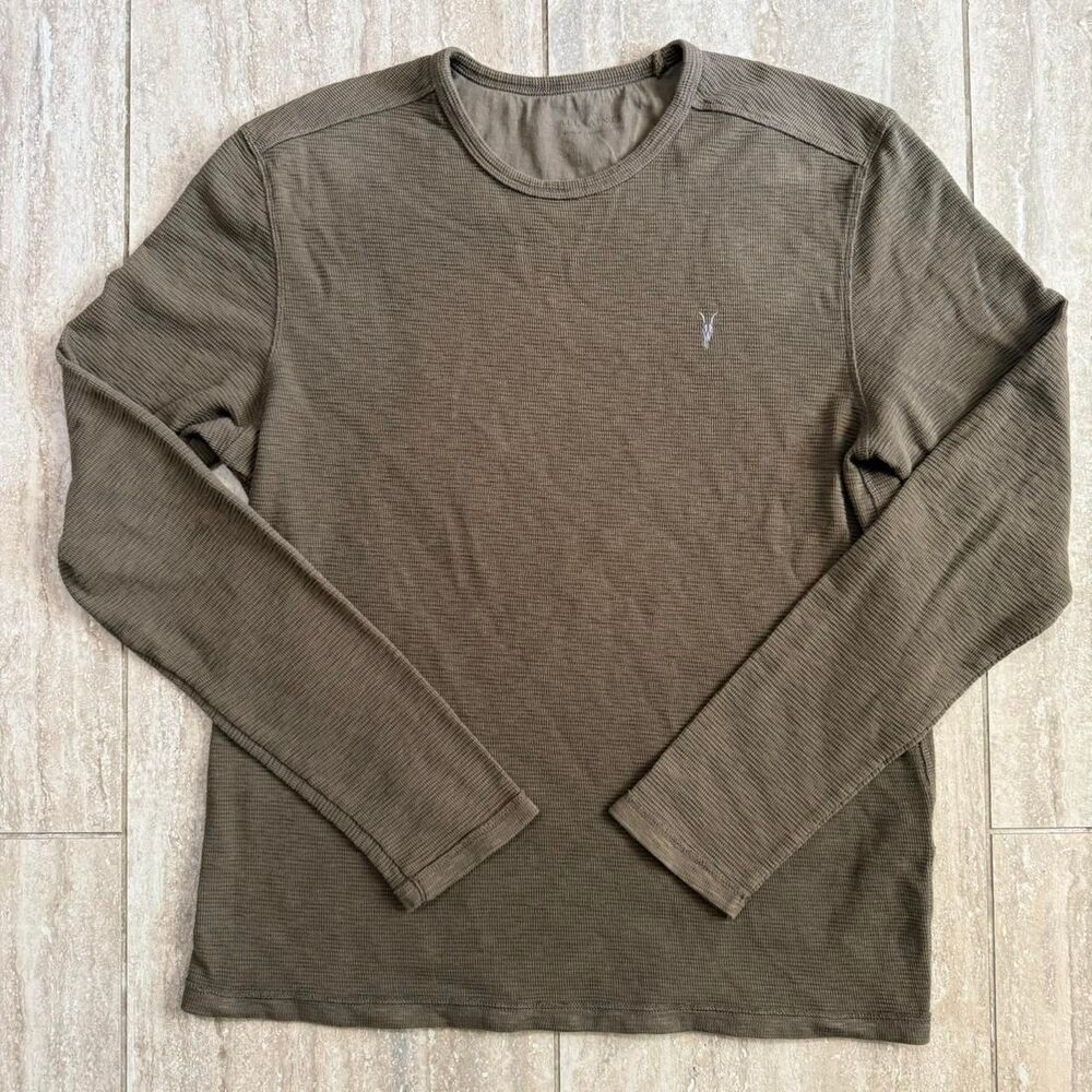 AllSaints Waffle Knit Thermal Long Sleeve Shirt Khaki Olive Ram Skull Logo Sz M